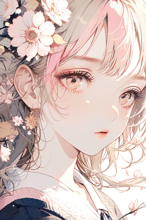 distinct_image, highres, hyper_detail eye, beautiful face, Illustration, masterpiece, 1 girl, solo, school uniform, knit cardigan, bobbed hair, light pink hair, gold eyes, flowers in the eyes, full body