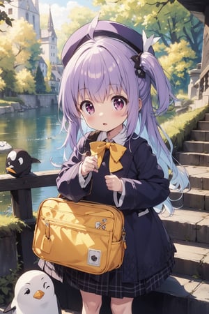 masterpiece,illustration,ray tracing,finely detailed,best detailed,Clear picture,intricate details,highlight,
anime,
gothic architecture,
looking at viewer,

nature,gothic architecture,bird,the lakeside in the heart of the forest,the staircase of the balcony,

NikkeRei,
1girl,loli,baby,long hair,hat,light purple hair,
yellow bow,yellow bag,skirt,upper body,
NikkePenguin,Penguin,