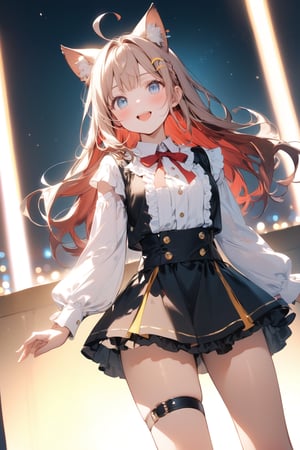 //quality, (masterpiece:1.3), (detailed), ((,best quality,)),//,cute,1girl,//,brown cat ears,animal ear fluff,(light_brown hair:1.3),(red hair: 1.1),(red inner hair: 1.4), (straight bangs: 1.4),(,long_hair,single braid :1.4),(Ahoge),(detailed eyes,blue_eyes:1.4),medium chest,,//, (yellow hairpin,crescent-shaped hairpin:1.4),off_shoulders,large red ribbon,(idol costume:1.4),thigh strap,frilled skirt,gloves,//,blush,smiling,upper_teeth,looking_down,//,hand_up,(holding microphone:1.3),(standing on stage),//,indoors,crowd of audience,Glow stick,scenery,colorful light particles,(colorful lights:1.3),(laser light:1.4),glow_in_the_dark,cowboy_shot,dynamic angle