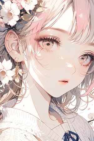 distinct_image, highres, hyper_detail eye, beautiful face, Illustration, masterpiece, 1 girl, solo, school uniform, knit cardigan, bobbed hair, light pink hair, gold eyes, flowers in the eyes, full body