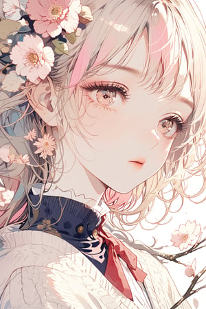 distinct_image, highres, hyper_detail eye, beautiful face, Illustration, masterpiece, 1 girl, solo, school uniform, knit cardigan, bobbed hair, light pink hair, gold eyes, flowers in the eyes, full body