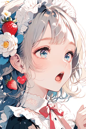 An anime-style illustration of a young female character who is running with a cake and looks surprised.  She wears a black and white maid outfit with frills and ribbons, and her pink cheeks and big blue eyes show her shock and excitement.  Her hair is blowing in the wind and the cake is adorned with strawberries and cream. The background is white and the focus is on her and the cake. Small heart-shaped icons express cuteness and joy around her.  The illustration has a bright and pop atmosphere, full of movement and energy.  delicate facial features, extremely detailed fine touch

