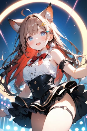 //quality, (masterpiece:1.3), (detailed), ((,best quality,)),//,cute,1girl,//,brown cat ears,animal ear fluff,(light_brown hair:1.3),(red hair: 1.1),(red inner hair: 1.4), (straight bangs: 1.4),(,long_hair,single braid :1.4),(Ahoge),(detailed eyes,blue_eyes:1.4),medium chest,,//, (yellow hairpin,crescent-shaped hairpin:1.4),off_shoulders,large red ribbon,(idol costume:1.4),thigh strap,frilled skirt,gloves,//,blush,smiling,upper_teeth,looking_down,//,hand_up,(holding microphone:1.3),(standing on stage),//,indoors,crowd of audience,Glow stick,scenery,colorful light particles,(colorful lights:1.3),(laser light:1.4),glow_in_the_dark,cowboy_shot,dynamic angle