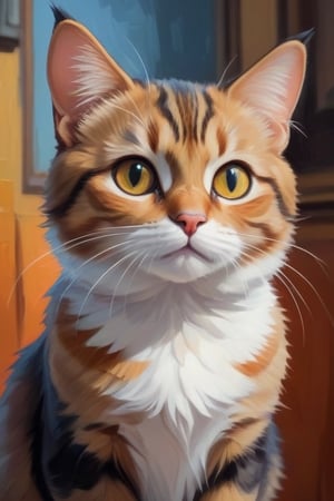 cartoon style. Oil Painting full size of a cat, comic style, coulorfull background, real cat