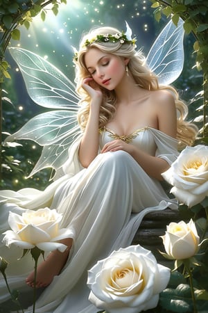 An ultra high quality award-winning Masterpiece. The little fairy sleeps on a white rose. Her wings tremble slightly from the gentle breeze that whispers sweet tales to her. A small flower is nestled in her hair, as if wanting to adorn her even more. Silence reigns around, only the birds singing and the rustling of leaves disturb this idyll. The fairy looks so calm and innocent, as if nature itself protects her from any harm. Her face expresses such peace, as if she sees the most beautiful dreams. At this moment, the world seems so soft and kind, as if every element of nature is woven from magic. The sleeping fairy on the white rose reminds us that there is a place for wonders and magic in this world, even in the most delicate moments.