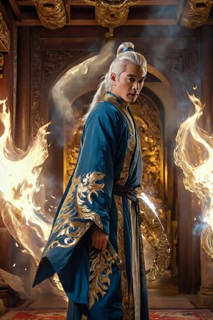 Envision a man with flowing short white hair and golden half mask, blue eyes, looking at viewer, wore a silver colored robe with glowing totemic embroidery, refined muscular body, standing on palace interior full of gold, exquisite details and texture, detailed face, anatomy correct, best quality, ultra detailed, photorealistic, capturing the essense of ancient and immortality, rage fire, hellfire, blue flame,Doton,Ninja