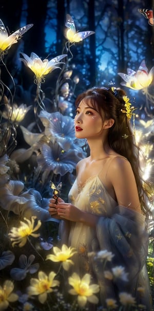 1girl, full body, high detailed, ultra realistic,  Bathed in ethereal moonlight, a figure stands amidst a field of yellow and blue spider lilies, their crimson whispers echoing the sorrow in their eyes. Butterflies, fragile yet determined, flutter around them, drawn to the moonlit beauty and silent lament. (Focus on melancholic ambiance, contrasting colors, and the butterfly's symbolic hope), Movie Still