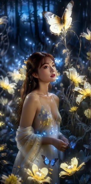 1girl, full body, high detailed, ultra realistic,  Bathed in ethereal moonlight, a figure stands amidst a field of yellow and blue spider lilies, their crimson whispers echoing the sorrow in their eyes. Butterflies, fragile yet determined, flutter around them, drawn to the moonlit beauty and silent lament. (Focus on melancholic ambiance, contrasting colors, and the butterfly's symbolic hope), Movie Still