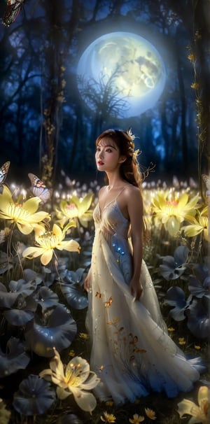 1girl, full body, high detailed, ultra realistic,  Bathed in ethereal moonlight, a figure stands amidst a field of yellow and blue spider lilies, their crimson whispers echoing the sorrow in their eyes. Butterflies, fragile yet determined, flutter around them, drawn to the moonlit beauty and silent lament. (Focus on melancholic ambiance, contrasting colors, and the butterfly's symbolic hope), Movie Still