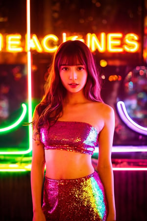 A sultry beauty with luscious brown hair and straight bangs stands out against a kaleidoscope of vibrant neon lights. She wears the Kakaco Sequins Tube Top, its sequins catching the soft glow of the blue and red lights surrounding her. The blurred neon signs in the background create a dynamic urban setting. Her dreamy expression is illuminated by the subtle neon light, which adds a touch of mystery to her calm demeanor. The shallow depth of field focuses on her radiant face, while the reflections of the neon lights add layers of depth and visual interest. This stunning image blends urban energy with serene beauty, making it a perfect magazine cover.