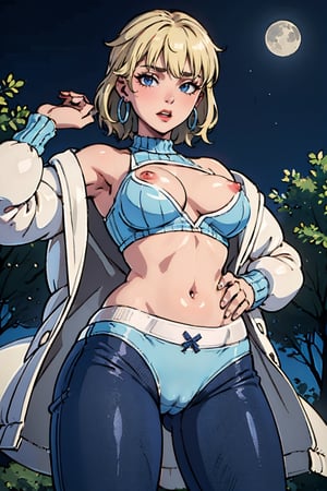 ((best quality)), ((masterpiece)), ((ultra-detailed)),blondeeviegc, blonde hair, from below, (revealing clothes, nsfw, without pants, blue panties:1.4), cameltoe, looking at viewer, messy hair, bangs, hoop earrings,makeup, eyeshadow, open white jacket, cleavage cutout, revealing clothes, white belt, crop top, blue sweater, (perfect hands:1.1), beautiful sky, night, moon, forest ,ahg, rolling eyes.,better_hands