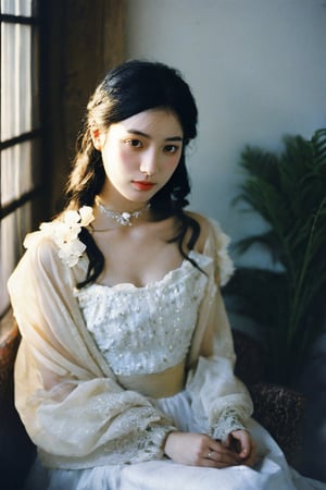 A dreamy, nostalgic scene unfolds as a 22-year-old girl with raven-black hair and porcelain-pale skin sits serenely against a dark, cinematic background. Her delicate features are partially obscured by a floral choker that blooms across her left eye like a tender vine. A soft, white satin skirt flows around her upper body, creating a sense of gentle movement. The vintage, analog photo aesthetic is heightened by the warm, faded tones and visible film grain, evoking a sense of nostalgia. The composition is illuminated by a subtle Tyndall effect, casting a mystical glow on the subject's features. Every detail is meticulously rendered, from the fine dust particles suspended in mid-air to the beautifully detailed shadows that dance across her skin. Hyper-detailed, this illustration masterfully captures the essence of a bygone era.