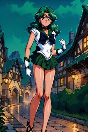 masterpiece,best quality,very aesthetic,ultra detailed,intricate details,Sailor Neptune XL,1990s \(style\),1girl,solo,green eyes,green hair,earrings,long hair,sailor senshi uniform,white leotard,skirt,gloves,long hair,green hair,green miniskirt,very short miniskir,tiara,choker,white gloves,bow,outdoors, standing in medieval ancient village,sexy body,bare legs,clevage out,clevage,covered nipples,nightview,night,darkness,no light,Dark, spooky, weird town,rainy day,heavy raining,wet,sweat,red face,sexy body,beauty legs,