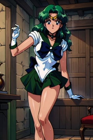 masterpiece,best quality,very aesthetic,ultra detailed,intricate details,Sailor Neptune XL,1990s \(style\),1girl,solo,green eyes,green hair,earrings,long hair,sailor senshi uniform,white leotard,skirt,gloves,long hair,green hair,green miniskirt,very short miniskir,tiara,choker,white gloves,bow,indoors, in medieval ancient village hotel room,hotel,sexy body,bare legs,clevage out,clevage,covered nipples,rainy day,raining