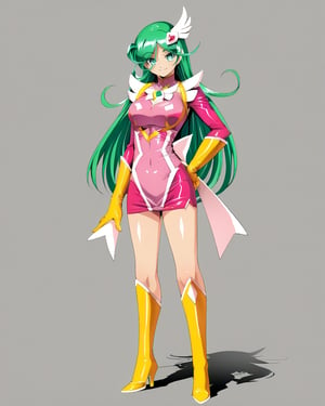 plmeteor,green hair,green eyes,long hair,hair ornament,large breasts,24yo,magical girl,yellow gloves,skirt,cleavage cutout,pink dress,1girl,solo,standing,hand on own hip,full body,yellow high heels boots,light smile,, score_9,score_8_up,score_7_up,source_anime,best quality,masterpiece,uncensored,detailed eyes,source_real, source_photo