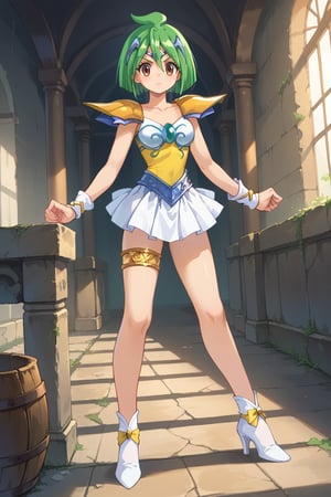 score_9, score_8_up, score_7_up, score_6_up, score_5_up, score_4_up, source_anime , Engel_Daisy, short hair, brown eyes, green hair, armor, white miniskirt, yellow leotard,white high heels,clevage,full body,indoors,BREAK,Hinagiku Tamano,hair ornament, magical girl,circlet,single thighlet,shoulder armor,white skirt,white shoes