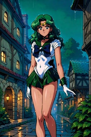 masterpiece,best quality,very aesthetic,ultra detailed,intricate details,Sailor Neptune XL,1990s \(style\),1girl,solo,green eyes,green hair,earrings,long hair,sailor senshi uniform,white leotard,skirt,gloves,long hair,green hair,green miniskirt,very short miniskir,tiara,choker,white gloves,bow,outdoors, standing in medieval ancient village,sexy body,bare legs,clevage out,clevage,covered nipples,nightview,night,darkness,no light,Dark, spooky, weird town,rainy day,heavy raining,wet,sweat,red face,sexy body,beauty legs,