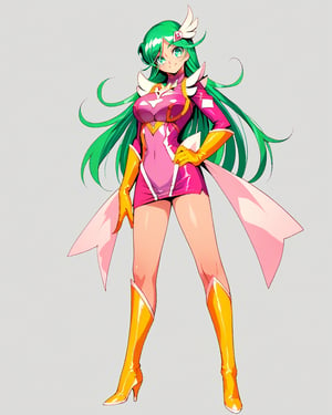 plmeteor,green hair,green eyes,long hair,hair ornament,large breasts,24yo,magical girl,yellow gloves,skirt,cleavage cutout,pink dress,1girl,solo,standing,hand on own hip,full body,yellow high heels boots,light smile,, score_9,score_8_up,score_7_up,source_anime,best quality,masterpiece,uncensored,detailed eyes,source_real, source_photo