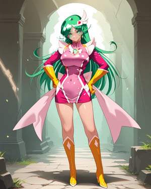 plmeteor,green hair,green eyes,long hair,hair ornament,large breasts,24yo,magical girl,yellow gloves,skirt,cleavage cutout,pink dress,1girl,solo,standing,hand on own hip,full body,yellow high heels boots,light smile,, score_9,score_8_up,score_7_up,source_anime,best quality,masterpiece,uncensored,detailed eyes,