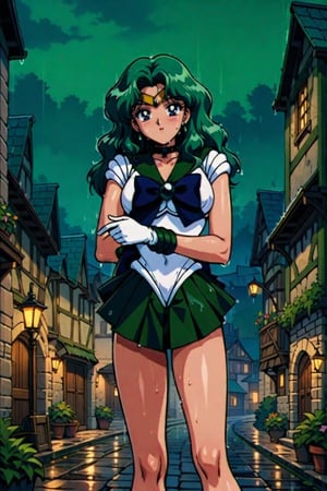 masterpiece,best quality,very aesthetic,ultra detailed,intricate details,Sailor Neptune XL,1990s \(style\),1girl,solo,green eyes,green hair,earrings,long hair,sailor senshi uniform,white leotard,skirt,gloves,long hair,green hair,green miniskirt,very short miniskir,tiara,choker,white gloves,bow,outdoors, standing in medieval ancient village,sexy body,bare legs,clevage out,clevage,covered nipples,nightview,night,darkness,rainy day,raining,wet,sweat,red face,