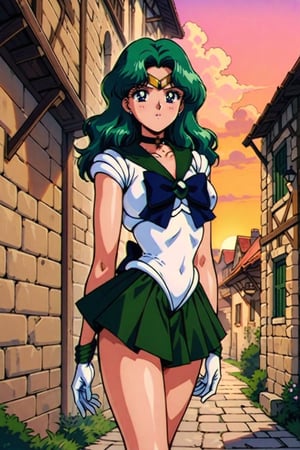 masterpiece,best quality,very aesthetic,ultra detailed,intricate details,Sailor Neptune XL,1990s \(style\),1girl,solo,green eyes,green hair,earrings,long hair,sailor senshi uniform,white leotard,skirt,gloves,long hair,green hair,green miniskirt,very short miniskir,tiara,choker,white gloves,bow,outdoors,walking in medieval ancient village,sexy body,bare legs,clevage out,clevage,covered nipples,sunset