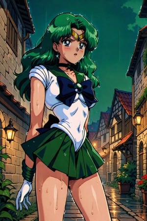 masterpiece,best quality,very aesthetic,ultra detailed,intricate details,Sailor Neptune XL,1990s \(style\),1girl,solo,green eyes,green hair,earrings,long hair,sailor senshi uniform,white leotard,skirt,gloves,long hair,green hair,green miniskirt,very short miniskir,tiara,choker,white gloves,bow,outdoors, standing in medieval ancient village,sexy body,bare legs,clevage out,clevage,covered nipples,nightview,night,darkness,rainy day,raining,wet,sweat,red face,