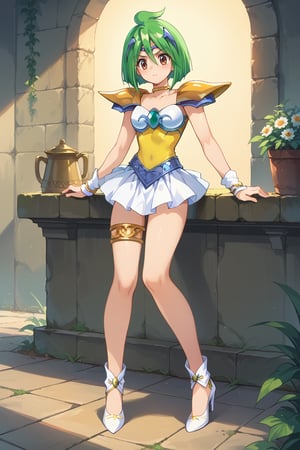 score_9, score_8_up, score_7_up, score_6_up, score_5_up, score_4_up, source_anime , Engel_Daisy, short hair, brown eyes, green hair, armor, white miniskirt, yellow leotard,white high heels,clevage,full body,indoors,BREAK,Hinagiku Tamano,hair ornament, magical girl,circlet,single thighlet,shoulder armor,white skirt,white shoes,sexy body,beauty legs,clevage,