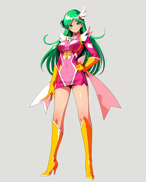 plmeteor,green hair,green eyes,long hair,hair ornament,large breasts,24yo,magical girl,yellow gloves,skirt,cleavage cutout,pink dress,1girl,solo,standing,hand on own hip,full body,yellow high heels boots,light smile,, score_9,score_8_up,score_7_up,source_anime,best quality,masterpiece,uncensored,detailed eyes,source_real, source_photo