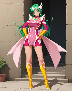 plmeteor,green hair,green eyes,long hair,hair ornament,large breasts,24yo,magical girl,yellow gloves,skirt,cleavage cutout,pink dress,1girl,solo,standing,hand on own hip,full body,yellow high heels boots,light smile,, score_9,score_8_up,score_7_up,source_anime,best quality,masterpiece,uncensored,detailed eyes,