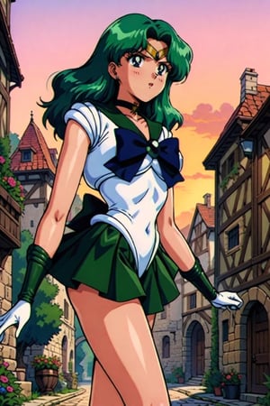 masterpiece,best quality,very aesthetic,ultra detailed,intricate details,Sailor Neptune XL,1990s \(style\),1girl,solo,green eyes,green hair,earrings,long hair,sailor senshi uniform,white leotard,skirt,gloves,long hair,green hair,green miniskirt,very short miniskir,tiara,choker,white gloves,bow,outdoors,walking in medieval ancient village,sexy body,bare legs,clevage out,clevage,covered nipples,sunset