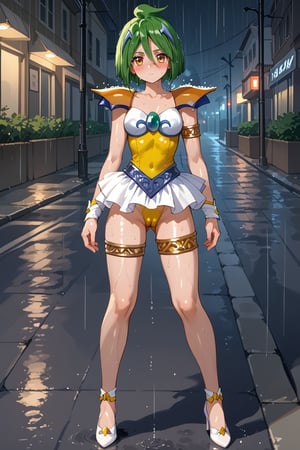 score_9, score_8_up, score_7_up, source anime, shiny oild skin, looking at viewer, Hinagiku Tamano,green hair,short hair,hair ornament, magical girl,circlet,single thighlet,shoulder armor,(white miniskirt,miniskirt),white heels,yellow leotard, cameltoe,clevage out,blush,sweat, blush, looking at viewer,outdoors, standing in street,nightview,night,darkness,no light,Dark, spooky, rainy day,heavy raining,wet,sweat,expressionless,unmanned road)