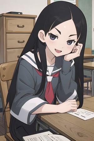 score_9, score_8_up, score_7_up, score_6_up, score_5_up, score_4_up, source_anime, rating_safe,(masterpiece),(best quality),1girl,black hair,long hair,middle part,forehead,smile,smile mouth, looking at the viewer, school room, anime,full body,straight hair