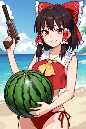 anime screencap,
score 9, score 8 up, score 7 up, faint lips,female,hakurei reimu,smile,
clothes
,
Beach,(watermelon),Shotgun,aim