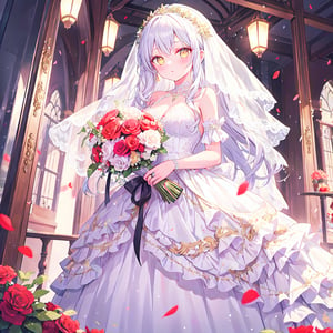 1 Girl with long white hair and beautiful detailed golden eyes.
Dressed as a bride Get the bouquet.