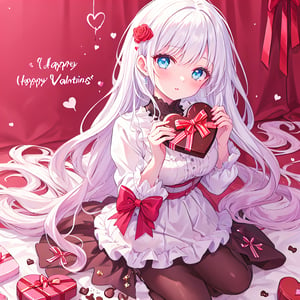 1 woman with long white hair and beautiful detailed blue eyes.
Valentine's Day Give chocolates.
