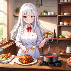 1 woman with long white hair and blue eyes.
Cooking and table food.