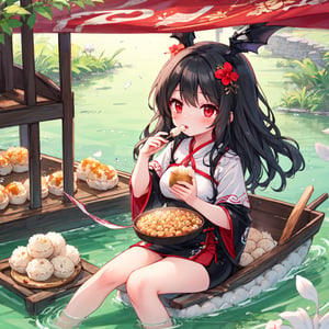 1 girl with long black hair and red eyes.
Feeding rice dumplings during Dragon Boat Festival.