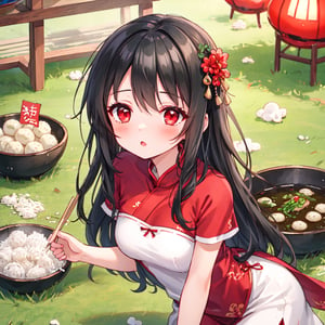 1 girl with long black hair and red eyes.
Send rice dumplings during the Dragon Boat Festival.