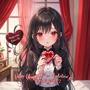 1 girl with long black hair and red eyes,
Valentine's Day Give chocolates