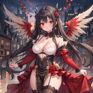 magic Girl with black Doubletailhair and beautiful detailed red eyes.
European city scenery background.