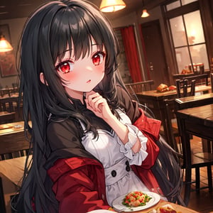 1 girl with long black hair and red eyes.
table cuisine.