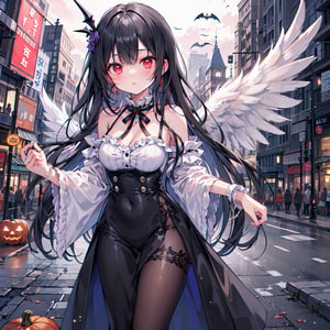 1 woman with long black hair and red eyes Wearing as a Angel on the halloween.