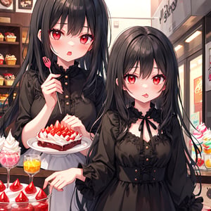 1 girl with long black hair and red eyes.
eat sweets