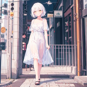 1 Girl with white hair and beautiful detailed golden eyes.
Walking down the street in a dress
