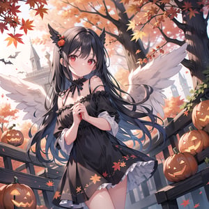 1 woman with long black hair and red eyes Wearing as a autumn Angel on the halloween. 