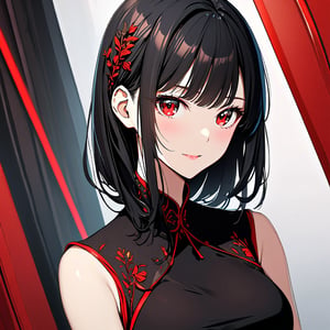 1 Girl with black hair and beautiful detailed red eyes.