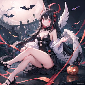 1 woman with long black hair and red eyes Wearing as a Angel on the halloween.