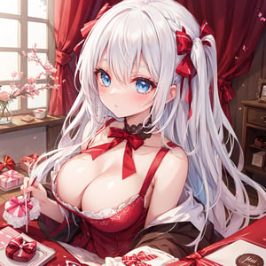 1 woman with long white hair and beautiful detailed blue eyes.
Valentine's Day Give chocolates.