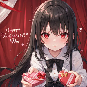 1 girl with long black hair and red eyes,
Valentine's Day Give chocolates