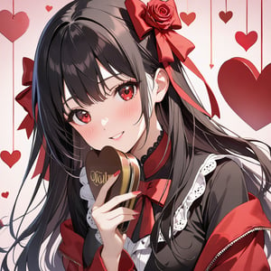1 Girl with black hair and beautiful detailed red eyes.
Valentine's Day Give chocolates.